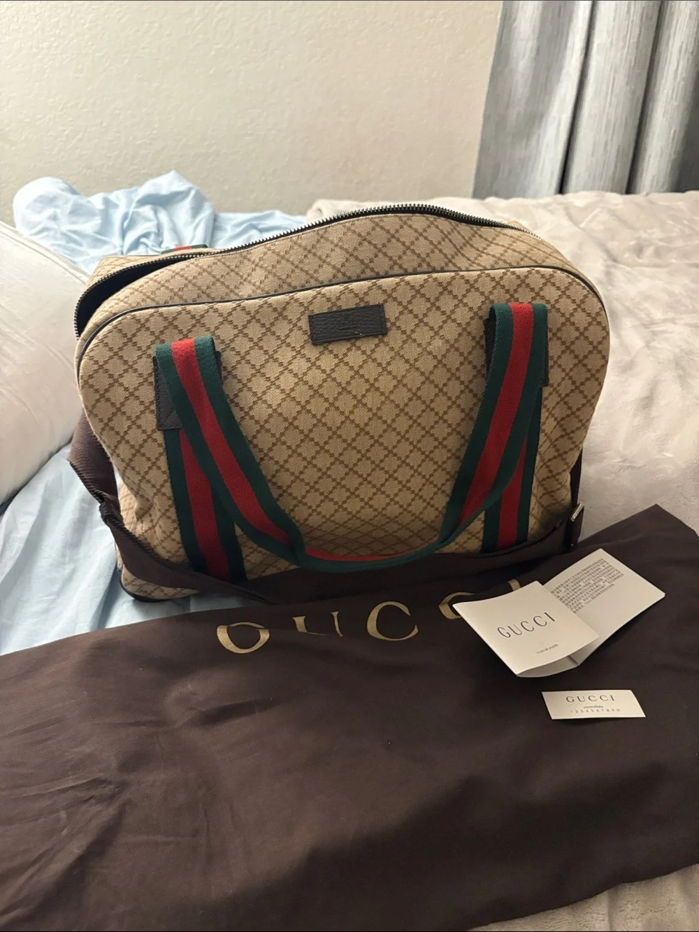 Vintage Gucci Beige Monogram Backpack with Green and Red Stripes